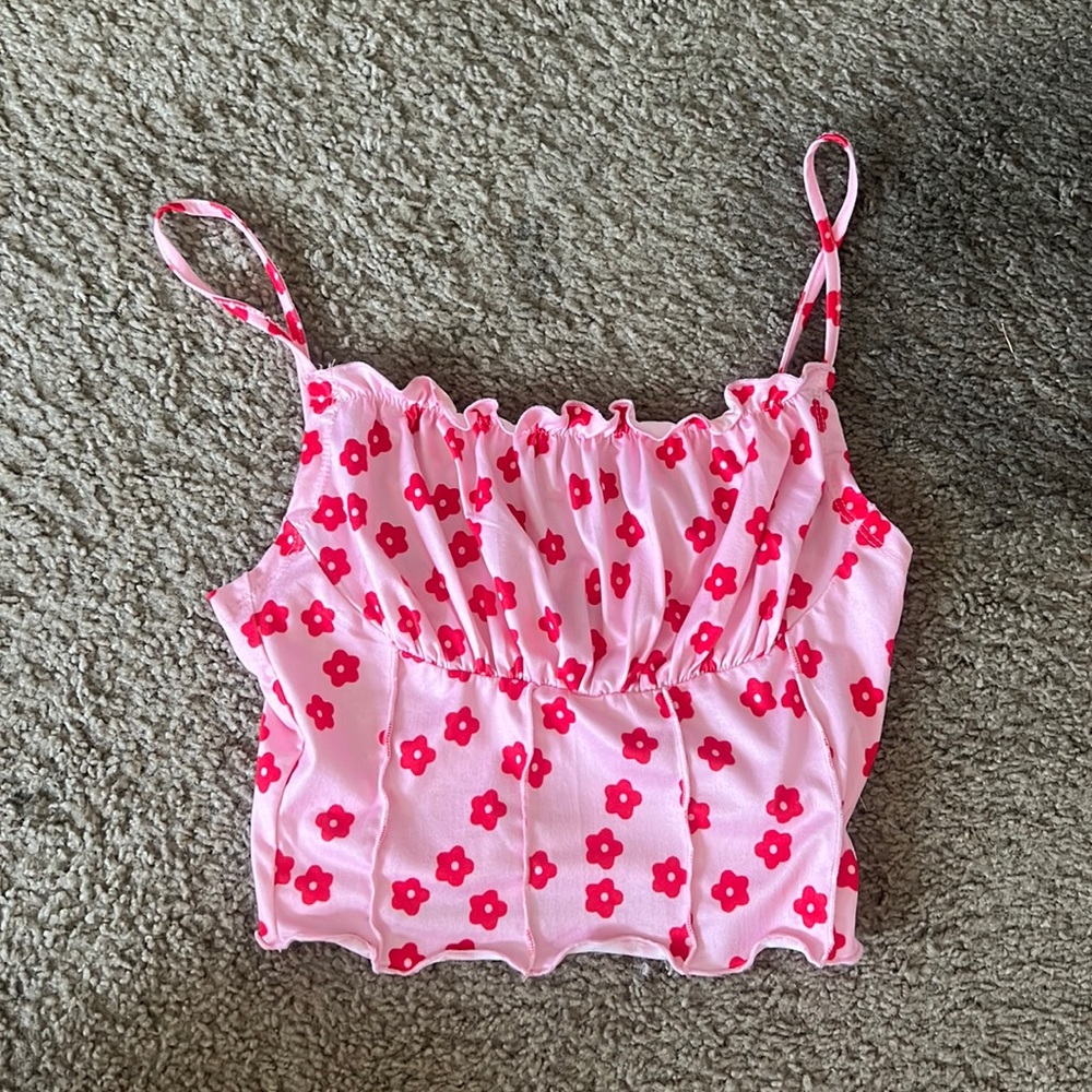 Red and Pink Floral Crop Tank Top